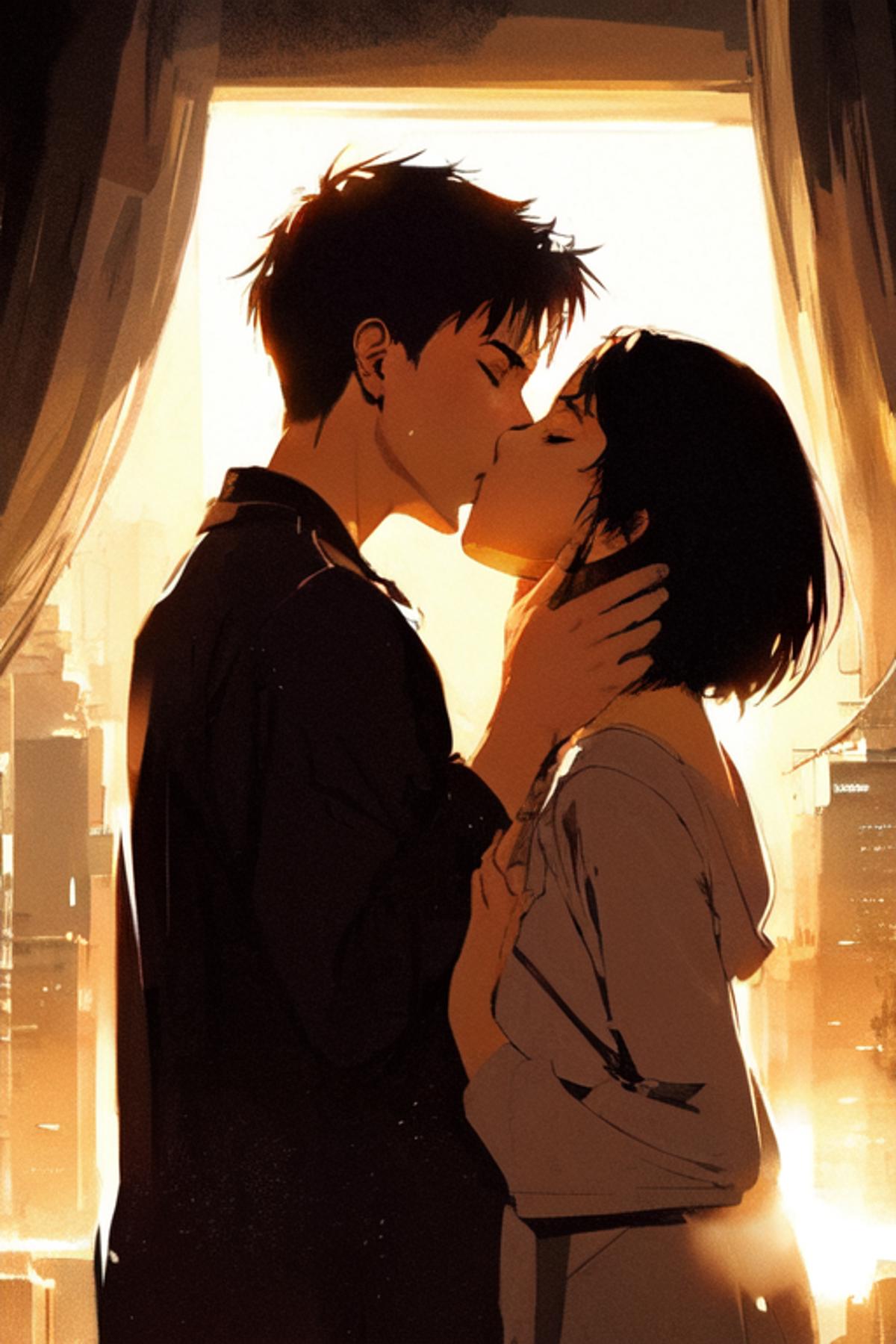 Anime girl and boy kissing