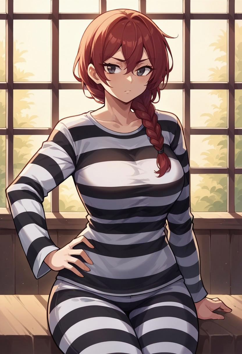 score_9, score_8_up, score_7_up, source_anime, BREAK 1girl, solo, red hair, braid, breasts, , prison clothes, striped clothes, prison uniform, black and white stripes, long sleeves, hand on hip, sitting, collarbone, curvy