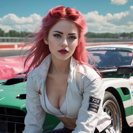 modelshoot style, (film stock), (film grain), (extremely detailed CG unity 8k wallpaper), full body portrait of the most beautiful woman in the world, (cowboy shot),
beautiful racecar woman standing beside a race car, tanned skin, (blush) (bangs), long hair, (freckles:0.75), detailed symmetrical face, smile, ((pink hair:1.4)), (straight hair), (green eyes:1.3), reflective eyes, dark eyebrows, mascara, makeup, (red lipstick), (white sclera),
dust particles, detailed lighting, rim lighting, dramatic lighting, chiaroscuro, (black crop top), (cleavage), ((white racing jacket)), open jacket, white yoga pants, (white high top sneakers), race track, red racecar, spoilers, road, bleachers, blue sky, white clouds,
(from front), (professional majestic impressionism oil painting by Waterhouse), John Constable, Ed Blinkey, Atey Ghailan, (Studio Ghibli), by Jeremy Mann, Greg Manchess, Antonio Moro, trending on ArtStation, trending on CGSociety, Intricate, High Detail, dramatic,
makoto shinkai kyoto, trending on artstation, trending on CGsociety