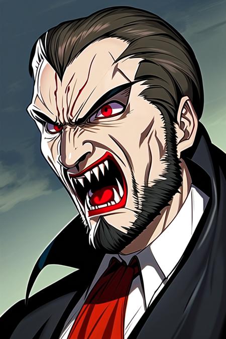 Hand-drawn cel animation, anime, Castlevania on Netflix, candid, full body shot, ChristopherLee_Dracula, vampire, red eyes, fangs:1.2, goatee, open mouth, highly detailed, Frederator Studios, villainous <lora:ChristopherLee_Dracula_v1:0.9> <lora:XenoDetailer_v2:0.1>