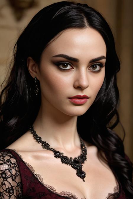 Face and Skin: Morgana has a fair complexion. Her face is characterized by a slightly angular jawline and high cheekbones.
Hair: She sports long, dark brown hair styled in loose waves. Her hair often falls around her shoulders, giving her a dramatic and somewhat mysterious look.
Body: Slender, sleek and elegant.
Eyes: Morgana's eyes are a deep, expressive brown, and they often have a slightly intense or thoughtful expression.
Eyebrows: Her eyebrows are well-defined and slightly arched, which accentuates her eye shape and adds to her overall dramatic appearance.
Clothing: Morgana's attire often consists of stylish and somewhat Gothic or Victorian-inspired clothing. She is typically seen wearing a dark-colored dress, which could include elements like lace or intricate patterns. She favors a look that combines elegance with a touch of edginess.
Accessories: She might wear subtle but stylish accessories that complement her outfit, such as a necklace or earrings.
Overall Style: Morgana has a refined, sophisticated style that leans towards the dramatic. Her look reflects a blend of elegance and mystery, fitting her character's background and personality. 8K