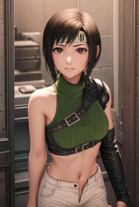 yuffie kisaragi, short hair, black hair, (brown eyes:1.3), gloves, bare shoulders, shorts, sleeveless, midriff, fingerless gloves, armor, crop top, headband, turtleneck, white shorts, unzipped, open fly, sleeveless turtleneck,