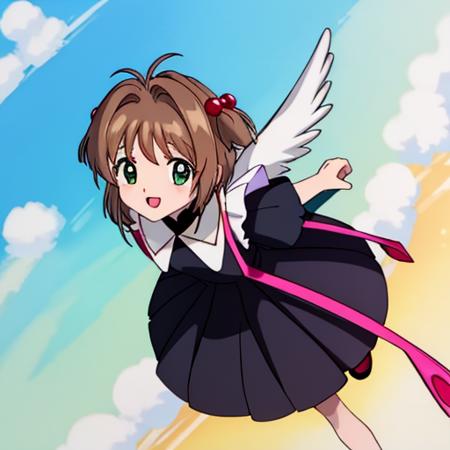 masterpiece, highres, kinomoto_sakura flying in the sky, sunny day, cloud, happy, green eyes, black dress