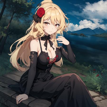 (masterpiece),(best_quality),detailed,Celica_Arfonia,1girl,solo,black_dress,hair_ornament,braid,red_flower,black_ribbon,full_body,sitting,drinking_tea,sun,daytime,nature_background,trees,forest,pines,cloud,mountains,breasts, hazel_eyes, blonde_hair, cleavage,  <lora:Celica_Arfonia-04:0.7>