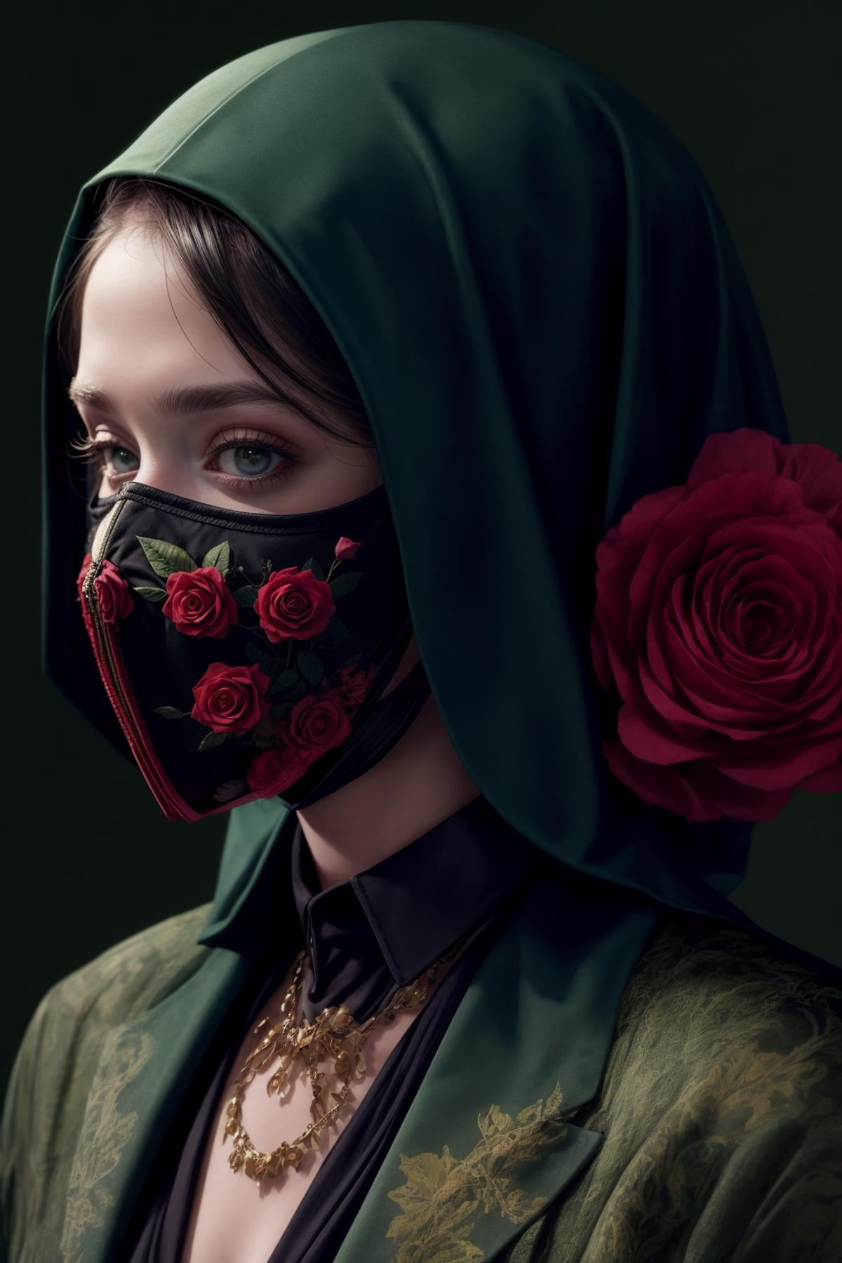 A woman wearing a green scarf and a face mask with red flowers on it.