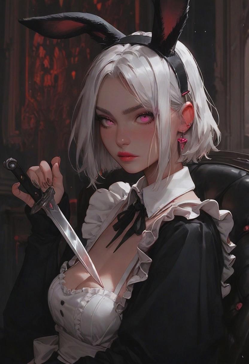 score_9, score_8_up, score_7_up, score_6_up, at night, in a dark manor, 1 bunny girl, cute, white bunny ears, 1 bunny tail, long white hair, pink eyes, dressed in a maid uniform, attractive, holding a bloodied knife, afraid, beside an armchair, beautiful,