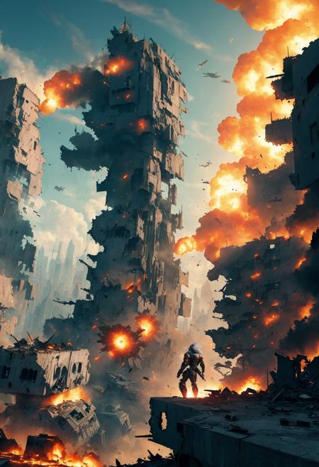 ((best quality)), ((masterpiece)), ((inked)), futuristic cyborg warrior in a ruined city, warzone, explosions, billowing smoke,towering destroyed buildings, robots,