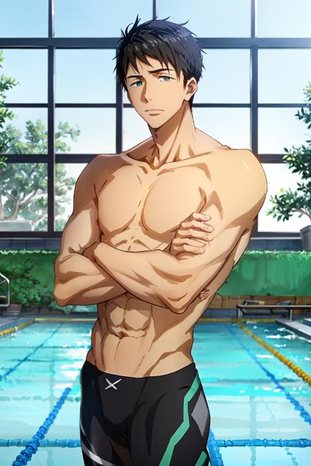 yamazaki sosuke\(free!\), solo, 1boy, cowboy shot, hair between eyes, looking at viewer, black hair, green eyes, male focus, abs, sosuke legskin, black bodysuit, green bodysuit, topless male, window, tree, day, pool