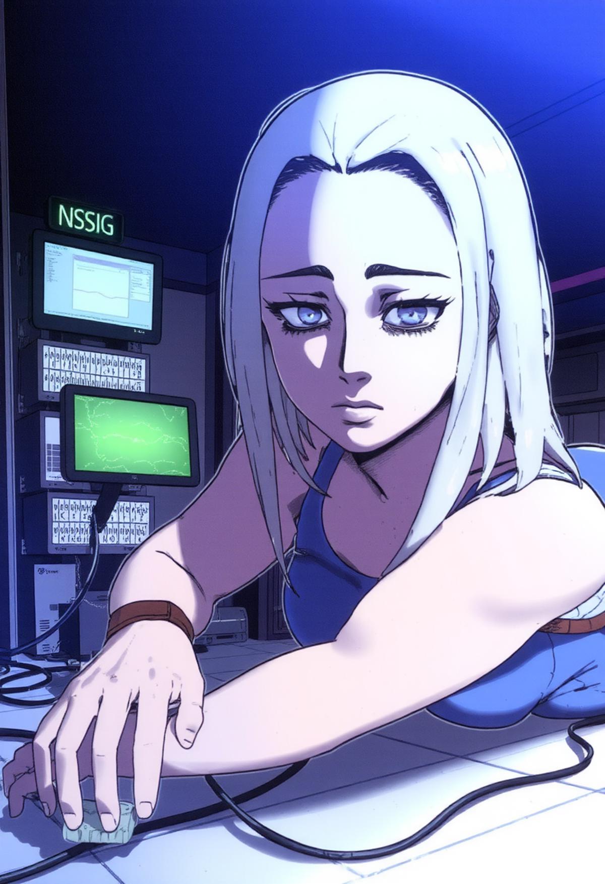 highly detailed anime picture, waist up portrait shot picture of a woman laying on the floor inside of an indoors server room, above shot, computer wires all over the floor, looks tired with bags under her eyes <lora:D-ART-18dart5[Flux]:1>