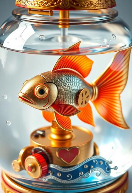"Illustrate a vibrant, hyper-realistic image of a mechanical windup toy goldfish in its fishbowl, with intricate details and textures that seem to leap off the page. The goldfish is a beautifully crafted, mechanical toy with shimmering metallic scales and a delicate, gear-driven tail that seems to flutter with life. The fishbowl is a colorful, ornate container with intricate etchings and a delicate, filigree-style lid. The surrounding water is crystal clear, with subtle ripples and distortions that seem to reflect the light in a mesmerizing dance. The mechanical workings of the windup mechanism are visible, with delicate gears and springs that seem to pulse with energy. The overall effect is one of whimsical, nostalgic charm, as if the mechanical goldfish is a beloved childhood toy come to life." highest-Quality, intricate details, visually stunning, Masterpiece