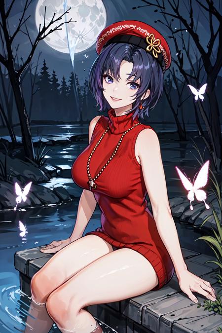 <lora:CarolSW4-000017:0.7>,hat.red sleeveless sweater, masterpiece,best quality,highres,cinematic lighting,dramatic angle, 1girl,butterfly,looking at viewer,smile,legs,sitting,water,woods,night,moon,seductive pose,hat,huge breasts,