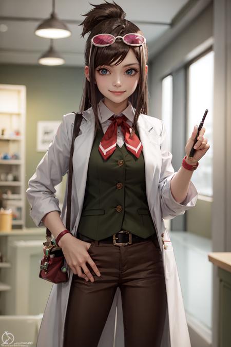 (masterpiece, best quality:1.2), <lora:aa_emaskye-10:0.8>, cowboy shot, solo, 1girl, ema skye, smile, tinted eyewear on head, open clothes, labcoat, sleeves rolled up, green vest, red neck ribbon, brown pants, wristband