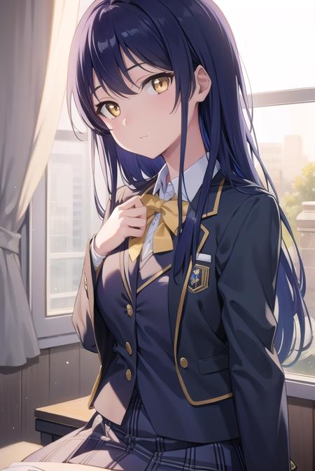 umisonoda, <lora:umisonoda-lora-nochekaiser:1>, 
umi sonoda, long hair, blue hair, (yellow eyes:1.5) (flat chest:1.2),
BREAK blazer, blue skirt, jacket, otonokizaka school uniform, pleated skirt, school uniform, winter uniform,
BREAK looking at viewer,
BREAK indoors, classroom, 
BREAK <lyco:GoodHands-beta2:1>, (masterpiece:1.2), best quality, high resolution, unity 8k wallpaper, (illustration:0.8), (beautiful detailed eyes:1.6), extremely detailed face, perfect lighting, extremely detailed CG, (perfect hands, perfect anatomy),