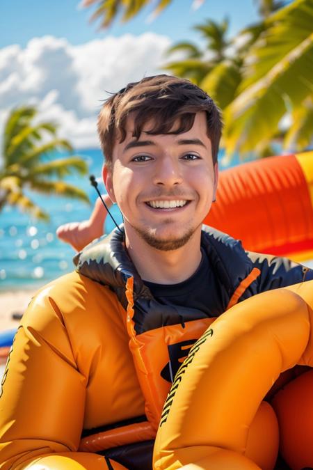 a man on an inflatable raft at sea, holding up his arms, island paradise in the background, smiling, [upper body], (close up:1.2), ((candid, amateur)), (raw, 8k, uhd, fujifilm xt3), <lora:mrBeast:1>