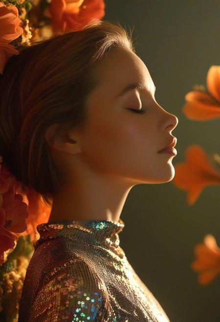 This photograph captures a serene, high-fashion portrait of a woman with a striking profile. The subject, a young woman with fair skin and short, light brown hair, is bathed in a warm, golden light that highlights her smooth, flawless complexion and the intricate details of her features. She has a slender, elegant nose and full, slightly parted lips with a subtle, natural pink tint. Her eyes are closed, giving her a peaceful, contemplative expression.
She is wearing a shimmering, sequined top that catches the light, reflecting a dazzling array of colors including gold, green, and hints of blue. The sequins create a mesmerizing, iridescent effect, adding to the luxurious, almost ethereal quality of the image.
The background features an abundance of blooming flowers, predominantly red and orange, which create a vibrant contrast to her serene profile. The petals and stems are in sharp focus, adding to the rich, textured backdrop. Some flowers are in full bloom, while others are partially visible, creating a sense of depth and movement.
The overall mood of the image is dreamy and intimate, with the soft focus on the subject's face and the sharp focus on the flowers. The lighting and color palette evoke a sense of warmth and opulence, characteristic of high-fashion photography.