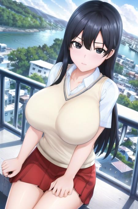 (day:1.7), sitting on a balcony overlooking a city and a river with a view of the city below her,
school_uniform,short_sleeves,Red skirt ,sweater vest, White collared shirt, 
<lora:saiminSeishidou:0.2>,<lora:Mai_Shiranui-KK77-V2:0.1>,<lora:Artificial_Academy_1-KK77-V1:0.7>,
bangs,hair_between_eyes,black_hair,black_eyes,long_hair,
1 girl, 20yo,mature female,Beautiful Finger,Beautiful long legs,Beautiful body,Beautiful Nose,Beautiful character design, perfect eyes, perfect face,
looking at viewer, (innocent_big_eyes:1.0),(expressionless:1.3),
NSFW,official art,extremely detailed CG unity 8k wallpaper, perfect lighting,Colorful, Bright_Front_face_Lighting,
(masterpiece:1.0),(best_quality:1.0), ultra high res,4K,ultra-detailed,
photography, 8K, HDR, highres, absurdres:1.2, Kodak portra 400, film grain, blurry background, bokeh:1.2, lens flare, (vibrant_color:1.2)
(Beautiful,large_Breasts:1.4), (beautiful_face:1.5),(narrow_waist),