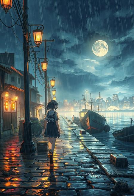 Vertical 9:16 cinematic anime scene, ultra-detailed 4K, in the style of “Weathering with You” key art: a lone girl in a drenched school uniform walking along an old cobblestone harbor quay lined with glowing lanterns; fishing boats tie up at the jetty; wet stones reflect lamp light and gentle rain; the distant city skyline is softly illuminated behind a veil of mist; feenstaub dust motes swirl in lantern glow; layered clouds recede into deep mist; volumetric moonbeams cut through drifting rain clouds; parallax-ready composition with lantern in crisp foreground, girl in sharp midground, harbor lights blurred in background; hyper-detailed watercolor cel shading, glossy wet textures, subtle bloom and film grain; magical, nostalgic depth
