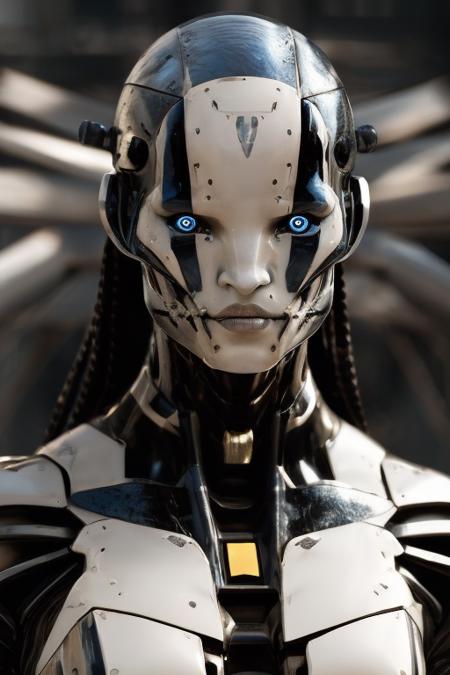 rz88mkultr4, a closeup of a robot ,  photorealistic painting ,  avatar image, white gold skinned, cinematic bust shot, avatar for website, black long hair, 4 k detail, stuning beauty