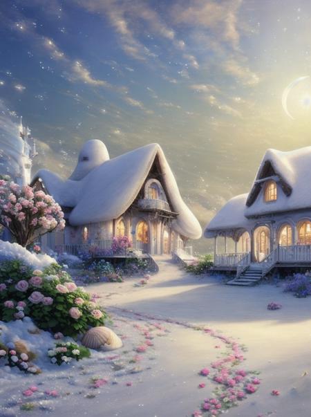 House  old, flowers, delicate scene, sky,white clouds,and sunlight shine on the snow-white beach. flowers roses and shiny large shells,  diamond crystal, on the beach, fantasy, sky night , moon, smoke , fire, photo, HD, 8K ,a beautiful 3d spectral crystal flower, soft fairy mist white blue rose, transparent petals