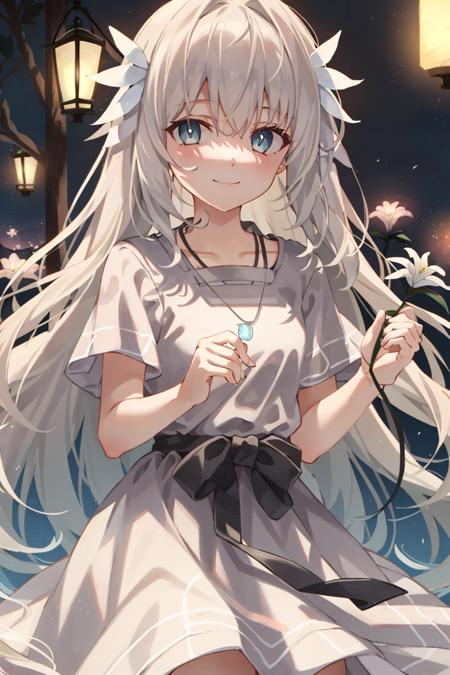 <lora:EnderLily:1>, enderLily, 1girl, solo, white hair, white dress, necklace, holding, lily \(flower\), light smile, expressionless, closed mouth, dark, lantern, masterpiece, best quality,