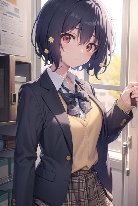 aimizuno, <lyco:aimizuno-lyco-nochekaiser:1>,
ai mizuno, black hair, hair between eyes, (red eyes:1.5), short hair,
BREAK black jacket, black legwear, black neckwear, black skirt, blazer, brown footwear, collared shirt, flower, hair flower, hair ornament, jacket, loafers, long sleeves, miniskirt, open clothes, open jacket, plaid, plaid neckwear, plaid skirt, pleated skirt, school uniform, shirt, shoes, skirt, sweater, white shirt, wing collar, yellow flower, yellow sweater
BREAK looking at viewer, full body,
BREAK indoors, classroom,
BREAK <lyco:GoodHands-beta2:1>, (masterpiece:1.2), best quality, high resolution, unity 8k wallpaper, (illustration:0.8), (beautiful detailed eyes:1.6), extremely detailed face, perfect lighting, extremely detailed CG, (perfect hands, perfect anatomy),