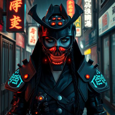 A photorealistic full-body vertical portrait of a fierce goth vampire samurai girl with pale skin and sharp, aggressive features, set in a dystopian Neo-Tokyo inspired by Blade Runner. She has intense goth makeup with heavy black eyeliner and dark eyeshadow, and a cold, defiant gaze. Her mengu mask is gothic and futuristic, with skull motifs, spiked edges, and glowing engravings in neon red and electric blue. Her samurai armor blends tribal and cyberpunk influences: black carbon fiber plates, crimson LED accents, turquoise circuitry, and angular, tech-enhanced design elements. She stands confidently in a rain-slick neon-lit alley, surrounded by holograms, mist, and glowing kanji signage. The atmosphere is dark, cinematic, grainy like 16mm film, and full of cyberpunk tension. No text or letters appear in the image.   The atmosphere is moody and cinematic, with soft bokeh, dramatic lighting, and a grainy 16mm film look. Highly detailed, rich in emo and goth influence, with no text or letters in the image.

Simulating Kodak Ektacolor Pro 160, with a custom white balance at 5500K. cinematic lighting, analog film, film grain, kodak chrome, cool cinematic tones,high contrast, sharp details, with moody lighting that adds depth,. (cinematic atmosphere:1.3), deep photo, depth of field, (black hair)), , (ambient occlusion), (cinematic lighting:1.3), (4K image quality:1.3), (sharp detail:1.3), (highly realistic:1.3), (dim warm cinematic lighting:1.3)
