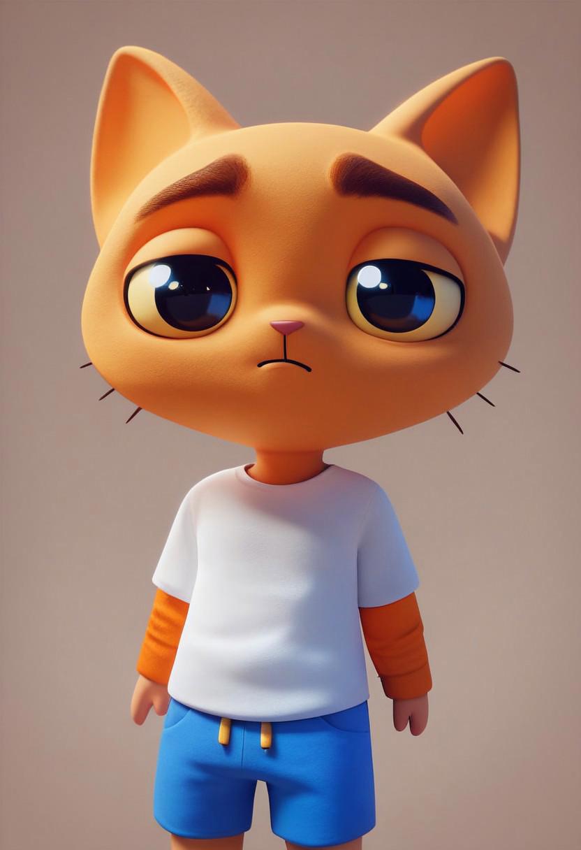 score_9, score_8_up, score_7_up, score_6_up, 
Simbochka human, 3d orange humanoid cat, (human mouth and eyes),
1boy, cute, solo, simple background, Simbochka (human mouth and eyes), stare eyes, humanoid face,
white shirt, orange sleeves, blue shorts, 3d art, orange fur