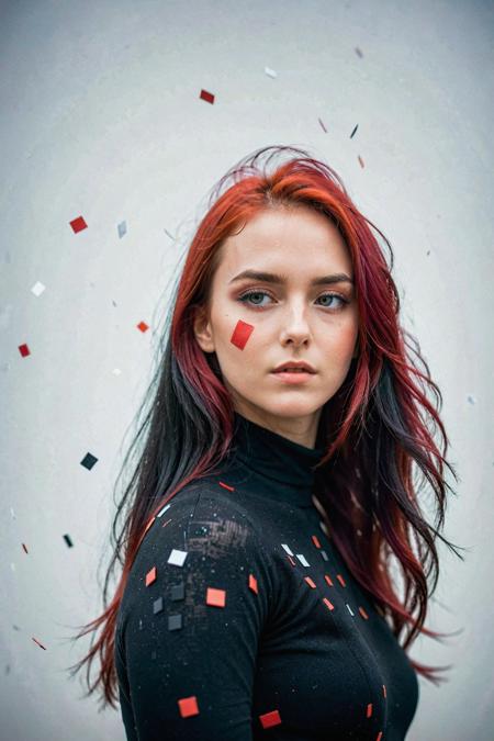 commercial photo on Sony 80mm f1.2, abstract portrait of 1girl, coloured hair, fragmented visual style,red and black color palette,evokes feelings of rebellion,passion,and freedom,blurred boundaries,high resolution,aesthetic, malevich style, suprematizm, unperfect skin, detailed skin with visible pores, bokeh, sharp focus on subject, film grain, masterpiece, HDR,Professional RAW photo
<lora:Cinematic Hollywood Film:0.7> <lora:DetailedEyes_V3:1> <lora:InstantPhotoX3:1>