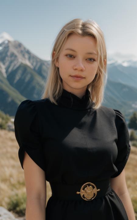 waist up closeup of aylsst wearing an elegant black outfit, mountains at noon, [blonde] hair, <lyco:AyLsst_v1_locon_64_64: 1.3>