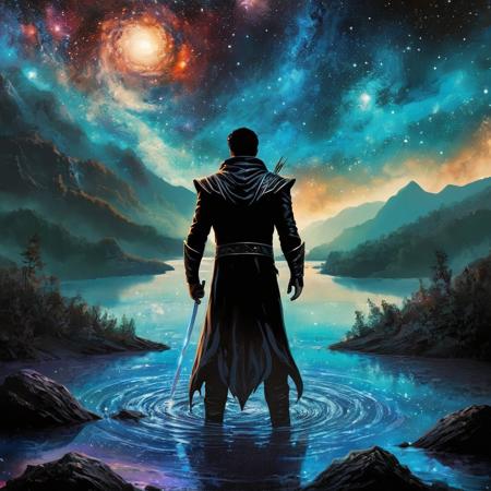 Dark Fantasy Art of  <lora:Dark Art Painting Style:0.9>
a man standing in the middle of a galaxy river dark art painting style, dark, moody, dark fantasy style