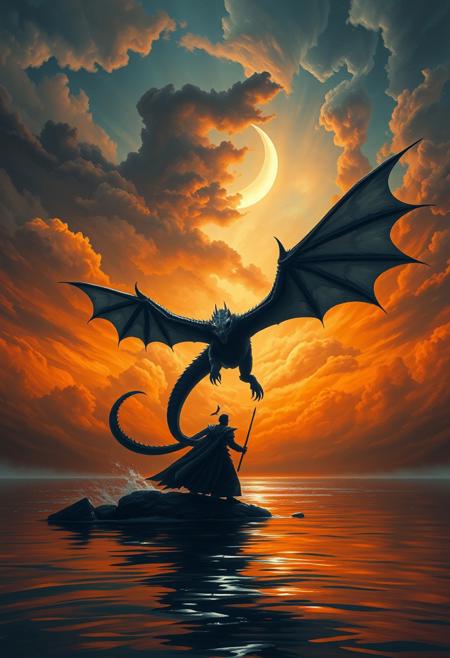 A low angle closeup, captivating, dramatic scene in a painting that exudes mystery and foreboding. A dark orange navy sky, swirling clouds, and a crescent moon illuminate a fearless warrior against the massive flying black dragon near the water's edge, silhouetted against the eerie glow. The water mirrors the navy orange sky and moonlight, amplifying the stunning atmosphere. This vibrant, cinematic work of conceptual art creates a haunting impression., vibrant, conceptual art, painting, dark fantasy, cinematic