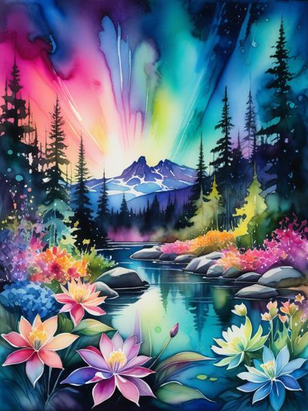 <lora:09WatercolorPainting_Hap_XL:1.5>,Winslow Homer style, watercolor painting, watercolor, A botanical garden is filled with bioluminescent flowers that Summer flowers and the Northern Lights, rendered in Jody Bergsma style with alcohol ink splatter effects, combining super realism, fantasy and intricate detail, 16K dolby vision impressionist quality, hyper-detailed texture, neon brightness, high dynamic range, bright vivid colors, octane rendering,