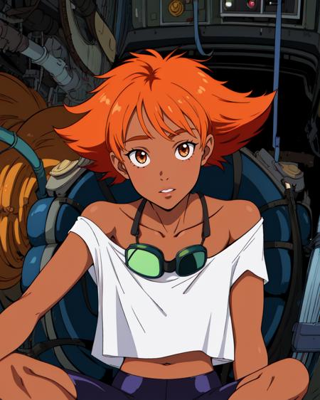 Edward,midriff,orange hair,white shirt,off shoulder,collarbone,dark skin,
bike shorts,goggles, brown eyes, 
space station,engine room,
upper body,sitting,
(insanely detailed, beautiful detailed face, masterpiece, best quality),<lora:EDWARDCBBB-10:0.8>,