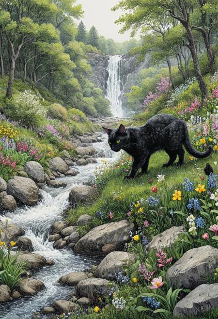 highly detailed and realistic, ink art, line art artwork depicting a black cat playing on a grassy bank dotted with spring flowers, surrounded by dense, vibrant woodlands, beside a fast-flowing, river that cascades swiftly over smooth, grey rocks