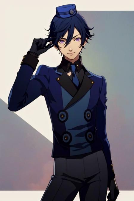 masterpiece, best quality, solo, 1boy, smile, looking at viewer, <lora:Velvet-Room-M-Outfit_Fp:1>, velvetmoutfit, gloves, hat, <lora:NaoyaV3:1> Naoya, purple eyes,