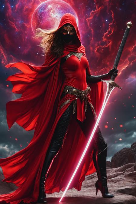 Disco-themed a woman in a black mask and red cape holding a sword and a sword in her hand and a red cloak over her head [25],a digital rendering,magic the gathering artwork,with a sky background,<lora:Anne Stokes CLIP2:1>,Anne Stokes fantasy art,woman,female,wings,beautiful,detailed,black,dark,red,white,sexy,<lora:Alfred Manessier CLIP:1>,Alfred Manessier,dynamic folds,flowing forms,volumetric lighting,., 8k uhd, high quality,  . Vibrant, groovy, retro 70s style, shiny disco balls, neon lights, dance floor, highly detailed