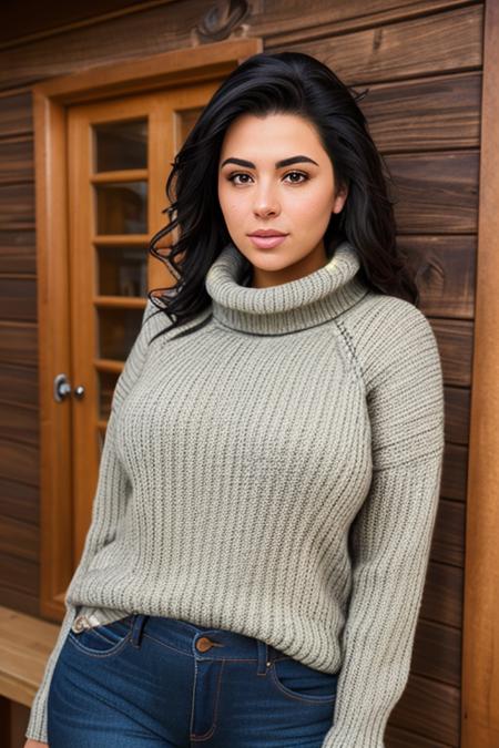 portrait of (DEN_evgenia_talanina:0.9) wearing a woollen turtle neck jumper and jeans in a log cabin, high neck, jumper, woollen jumper, jeans, trousers,
headshot, centre frame, face focus, head focus,
photorealistic, high detail, detailed, realistic, intricate,