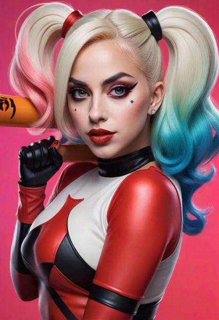 "Illustrate a high-detail, iconic portrait of Harley Quinn wielding a baseball bat in a dynamic and powerful stance. Infuse the artwork with Artgerm's vibrant and colorful style, capturing the essence of the character's bold and eccentric personality. Pay homage to the 90s comic book character design, incorporating elements that nod to the era's aesthetic while maintaining a contemporary appeal. Consider portraying Lady Gaga in the role of Harley Quinn, blending her distinct features with the character's iconic look. Embrace a trending Artgerm-inspired cartoon art style, combining dynamic linework with expressive colors for a visually striking result. Ensure the composition radiates energy and captures the essence of both Harley Quinn and Lady Gaga in a way that resonates with fans and admirers of both iconic figures."