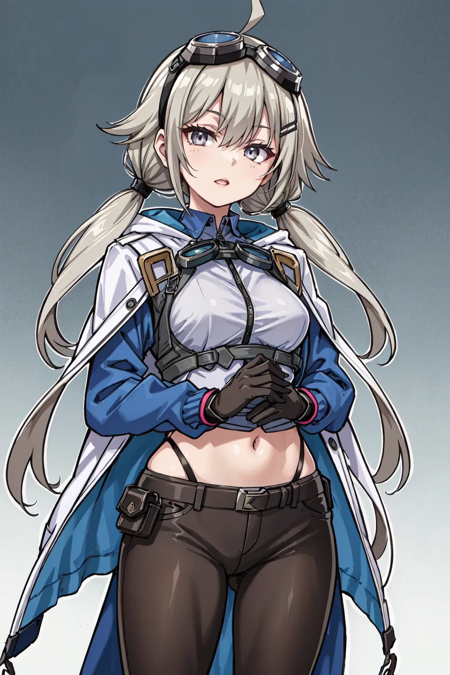  grayish silver blonde hair, gray eyes, goggles over hair, ahoge, hair between eyes, long low twintail, side bangs, cropped jacket over shoulders, child,  