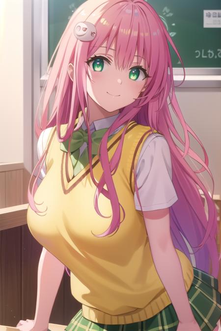 laladevilluke, <lora:lala deviluke darkness-lora-nochekaiser:1>,
lala deviluke, long hair, pink hair, tail, ahoge, bangs, hair ornament, (green eyes:1.5), smile,
BREAK demon tail, green skirt, plaid, plaid skirt, sainan high school uniform, school uniform, skirt, sweater vest, thighhighs, (yellow sweater:1.5), short sleeves, bow, (green bow:1.5),
BREAK indoors, classroom,
BREAK looking at viewer, (cowboy shot:1.5),
BREAK <lyco:GoodHands-beta2:1>, (masterpiece:1.2), best quality, high resolution, unity 8k wallpaper, (illustration:0.8), (beautiful detailed eyes:1.6), extremely detailed face, perfect lighting, extremely detailed CG, (perfect hands, perfect anatomy),