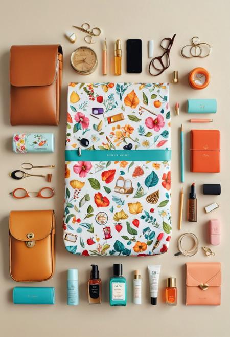 The knolling layout technique is utilized to create an illustration that depicts the contents of a lady's bag. This composition includes a variety of cute cosmetics, a notebook, stationery, a handkerchief, and a charming pouch, all artfully arranged and presented in a visually enticing manner.