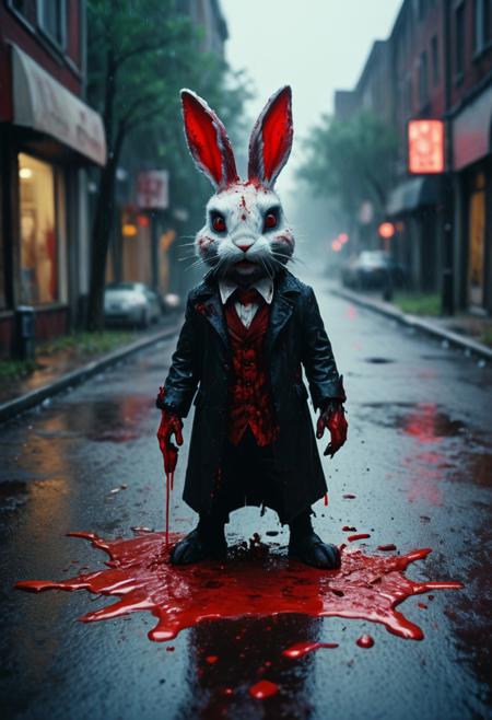 (((masterpiece))), (((best quality))), highly detailed, cinematic film still vampire blody rabbit, bloody fur, red blood rain, blood raining, blood, bloody, street, blood drops, bloody splash detailed, surreal dramatic lighting shadow (lofi, analog),kodak film, high budget, bokeh, cinemascope ,moody, epic, gorgeous, film grain,grainy, <lora:xl_more_art-full_v1:0.75>,