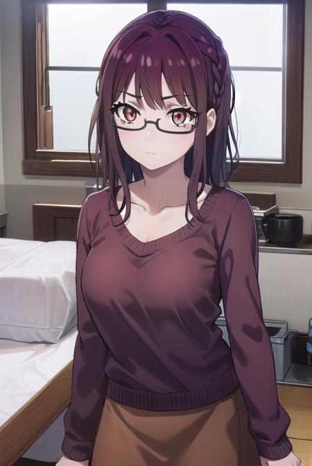 sumikafujimiya, <lora:sumika fujimiya s1-lora-nochekaiser:1>,
sumika fujimiya, (brown eyes:1.5), purple hair, braid, glasses, semi-rimless eyewear, under-rim eyewear,
BREAK sweater, long sleeves, collarbone, skirt, purple skirt,
BREAK indoors,
BREAK looking at viewer, (cowboy shot:1.5),
BREAK <lyco:GoodHands-beta2:1>, (masterpiece:1.2), best quality, high resolution, unity 8k wallpaper, (illustration:0.8), (beautiful detailed eyes:1.6), extremely detailed face, perfect lighting, extremely detailed CG, (perfect hands, perfect anatomy),