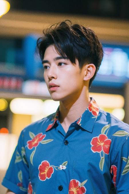 Best Quality,Masterpiece,Ultra High Resolution,(Realisticity:1.4),Original Photo,Cinematic Lighting,
1 boy,HONGKONG, male focus, solo, black hair, shirt, upper body, realistic, print shirt, blue shirt, collared shirt, short hair, hawaiian shirt, floral print, black eyes