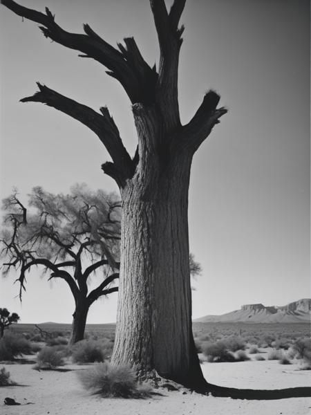 <lyco:RobertAdams:1.0> a photo of an old tall stump of oak tree in the desert near a forest with a nest and a single branch on the top of it, photo black and white, Vivian Maier style, realistic