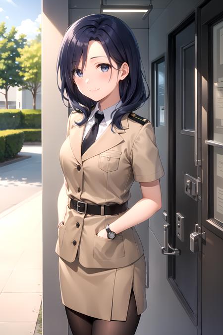 best quality, masterpiece, detailed,
<lora:HighSchoolFleet_FurushouKaoru_1:0.9>, FurushouKaoru,
1girl, closed mouth, light smile,
blue hair, blue eyes, long hair, 
military uniform, brown jacket, breast pocket, necktie,  short sleeves, wristwatch, belt, pencil skirt, pantyhose,
standing, looking at viewer, facing viewer, arms at sides,
hallway, science fiction