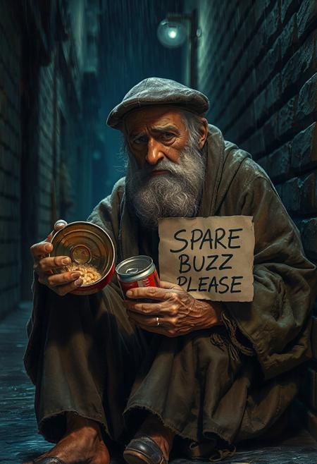 Realistic, high quality, great anatomy, accurate, 1man, fuzzy beard, short beard,  grey beard, wrinkly face, dirty face, tired face, ragged robe, dirty clothes, dirty hat, berret hat, ragged long pants, sitting, 2 hands, detailed hands, holding empty food can, opened food can, 1can, rusty can, topless can, holding cardboard, cardboard saying "SPARE BUZZ PLEASE", looking down, looking away, frowning, crying, sobbing, sad,
Night time, heavy rain, raining, dark alley, dutch angle, full body, far view, side view, modern, dark, no lightning