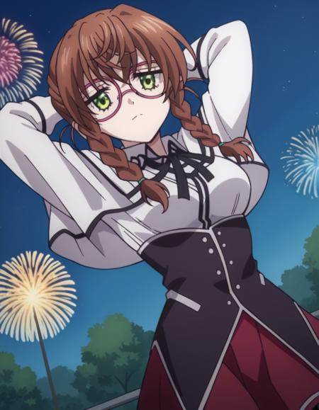 aika kiryuu, long hair, brown hair, green eyes, braid, glasses, twin braids, medium breasts shirt, ribbon, school uniform, white shirt, black ribbon, neck ribbon, capelet, black capelet, long sleeves, skirt, red skirt,