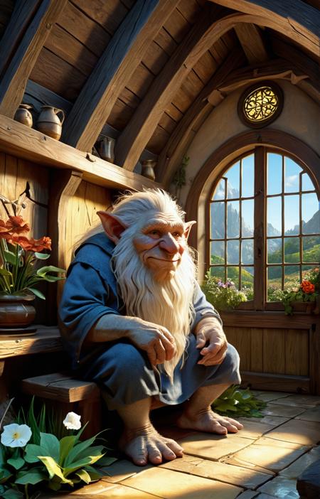 a wise old troll inside a medieval hobbit house, ornate, beautiful, atmosphere, vibe, flowers, concept art illustration, color page, 4 k, tone mapping, doll, akihiko yoshida, james jean, andrei riabovitchev, marc simonetti, yoshitaka amano, digital illustration, greg rutowski, volumetric lighting, sunbeams, particles