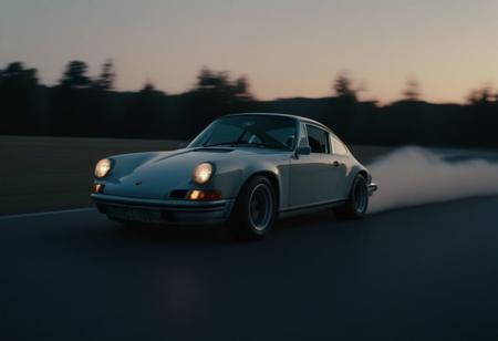 cinematic photo of a fast moving drifting classic Porsche 911 at dusk, motion blur, moving tires, Movie Still, Film Still, Cinematic, Cinematic Shot, Cinematic Lighting